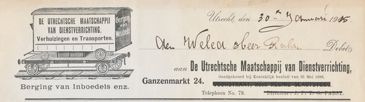 710758 Kop van een nota van G.J. Bruinsma, Utrechtsche Maatschappij van Dienstverrichting, Verhuizingen en Transporten, ...